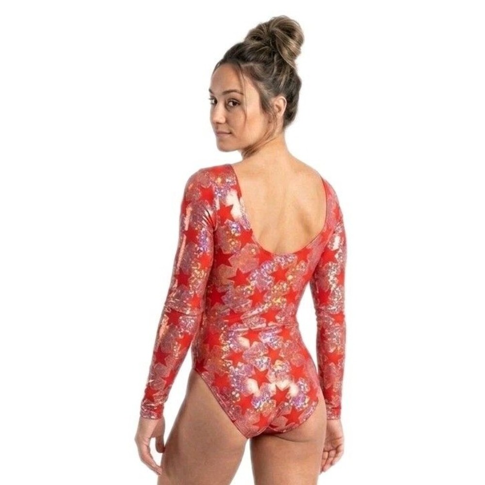 GK Elite VTG Holographic Americana Red Star Shimmering LS Logo Leotard Size AL